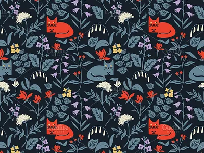 Cats and flowers cat decorative design floral pattern seamless simple surface design texture