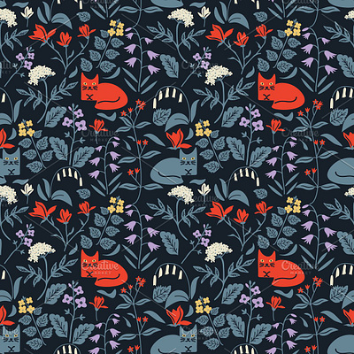 Cats and flowers cat decorative design floral pattern seamless simple surface design texture