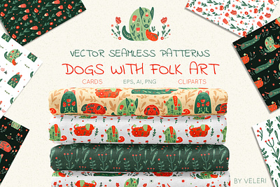 Vector set patterns Dogs with folk art cartoon clipart design fabric floral flower folk art graphic design illustration pattern postcard wallpaper