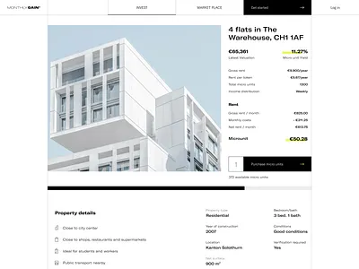Property investment platform assets clean crypto digital assets investment light marketplace micro unit modern property real estate rent sale sharp website