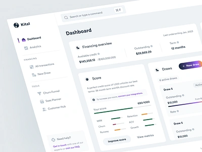 Dashboard & financing overview analytics capital clean components dashboard design system equity finance fintech fundraising icons investments menu money nav navigation saas search sidebar menu transactions