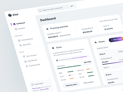 Dashboard & financing overview analytics capital clean components dashboard design system equity finance fintech fundraising icons investments menu money nav navigation saas search sidebar menu transactions