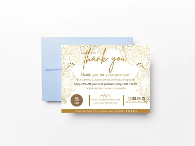 Gold Metallic Flowers Outline - thank you card flower & leaves canva template customizable personal touch