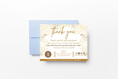 Gold Metallic Flowers Outline - thank you card flower & leaves canva template customizable personal touch