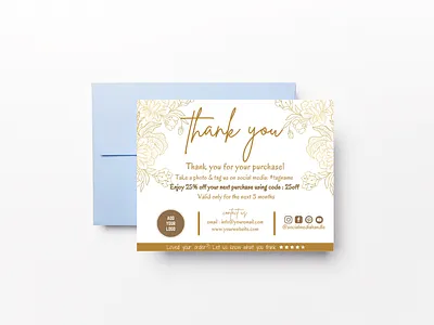 Gold Metallic Flowers Outline - thank you card flower & leaves personal touch