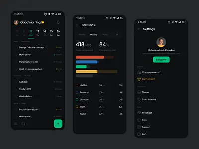To-Do Mobile Application-Dark Theme calendar chart clean design goal habit minimal mobile planner pomodoro progress schedule settings task todo todolist tracker ui user interface ux