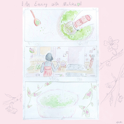 An Evening with Matcha: An Illustration artwork cute design illustration japanese match pink palette short story watercolour