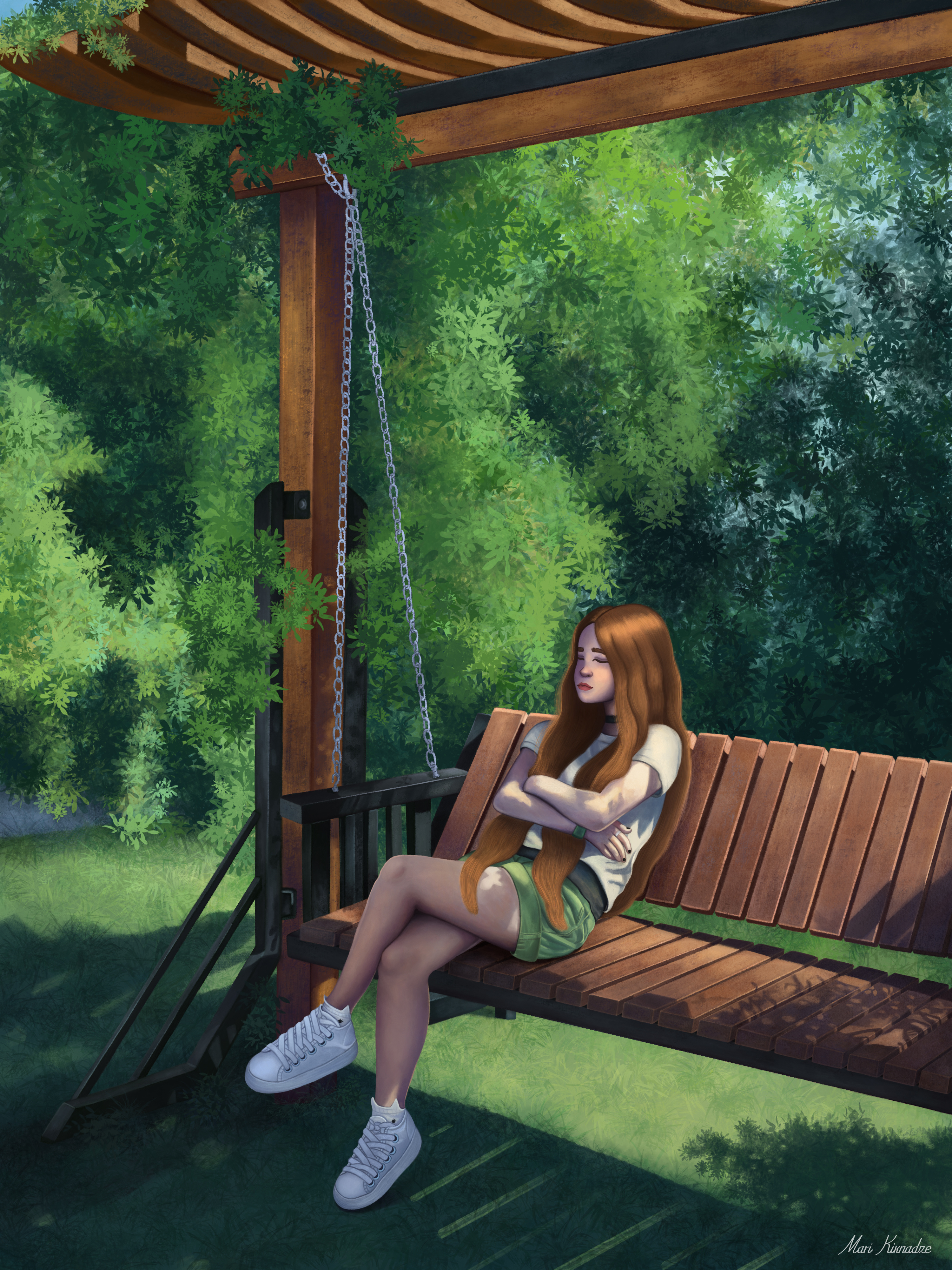 Serenity art bench concept art daydreaming digital art digital illustration digital painting girl illustration leaves nature park peaceful procreate relaxing serenity sunlight sunny weather swing trees