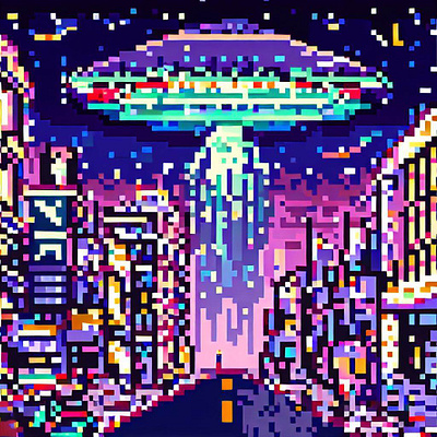Pixel art:Future cities, streets,UFO,Extraterrestrial life.