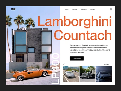 Lamborghini Countach Website Design black car clean concept countach dark design ecommerce ferrari lamborghini landing page minimal orange shopify typography ui ux vehicle website white