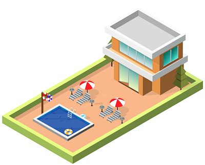 Isometric House. 3d art digital art house icon house illustration isometric house lounge chairs pool in house pool tube vector art vector house