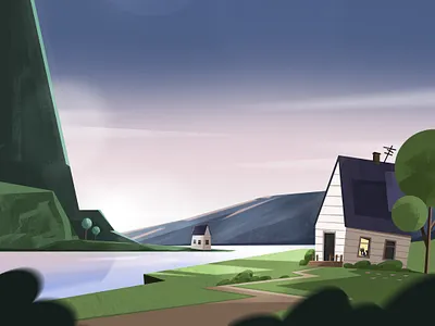 Sunset 2d art cat green home house illustration illustrator lake landscape minimal mountain nature ocean sea sunrise sunset travel vector water