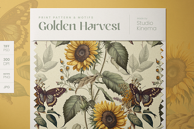 Golden Harvest | Seamless Pattern By Studio Kinema botanical creative market design design resources digital download illustration leafs pattern seamless pattern studio kinema sunflowers