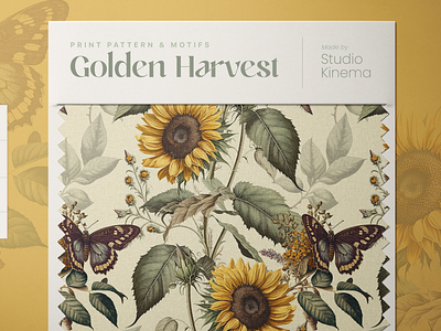 Golden Harvest | Seamless Pattern By Studio Kinema botanical creative market design design resources digital download illustration leafs pattern seamless pattern studio kinema sunflowers