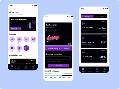 Insurance app visual design carousel clean and minimal color palette design gradiants illustration insurance insurance manager management app minimialistic progress bar purple ui user experience ux visual design