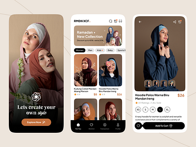 RMDN XCF : Muslim Fashion Online Store Mobile App beauty brown check out discount e commerce fashion hijab islam mobile app design muslim online store payment ramadan sale scan store women