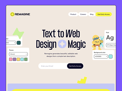 Remagine AI Landing Page Concept | Relume Design League ai clean design hero header illustration landing page minimal plugin page prompt to web relume relumedesignleague text to web typography ui ui design ux ux design web web design website