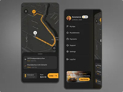 Taxi mobile app b2c dark theme design driver interface logistic map mobile mobile app taxi ui ux