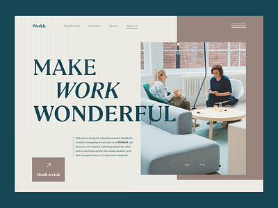 Workly - Co-working Place Marketing Landing Page clean co working place design graphic design inspiration landing page marketing minimal modern mute color typography ui ux visual web design web header