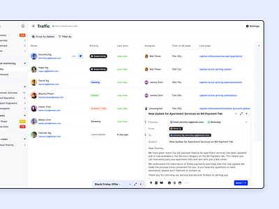 Traffic Monitoring - NamiQ application chatbot crm customer support dashboard filters inbox interface livechat message monitoring real time saas sidebar tab table traffic ui design users management