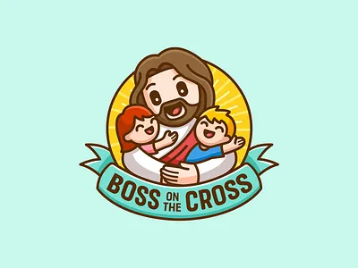 Jesus and Children adorable badge branding cartoon catholic children christ christian church cross cute easter god identity jesus kids lent logo love ribbon