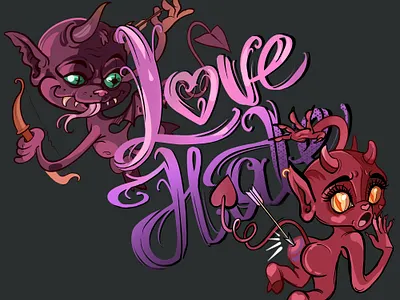 Love&Hate boy cartoon charaster devil girle hate illustration love pink print red