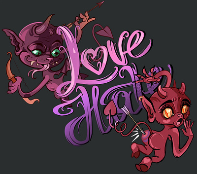 Love&Hate boy cartoon charaster devil girle hate illustration love pink print red