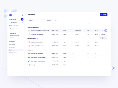 Limit - Insurance Platform - Documents clean dashboard design documents files insurance insurtech ui upload user interface ux