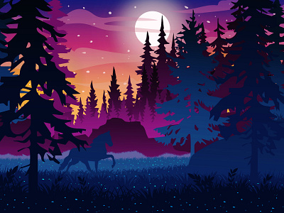 Magical forest landscape animal animals art artwork creative design digital fantasy forest horse illustration illustrator landscape magical minimal minimalism nature night trees vector