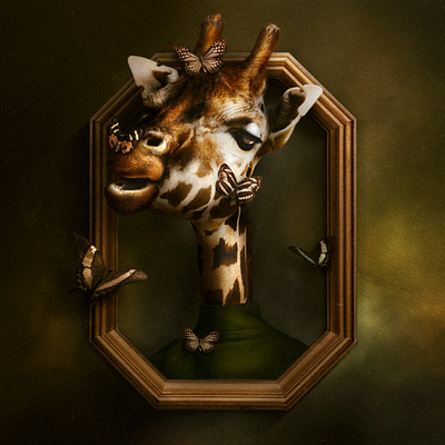 Giraffeman animal animal portrait artwork butterfly composing design digital imaging funny giraffe graphic design illustration manipulating manipulation photo frame photoshop portrait poster