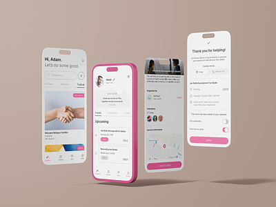 Komoon: UX/UI App Design app daily quote design event feed pink product design profile ui user experience ux volunteer volunteering