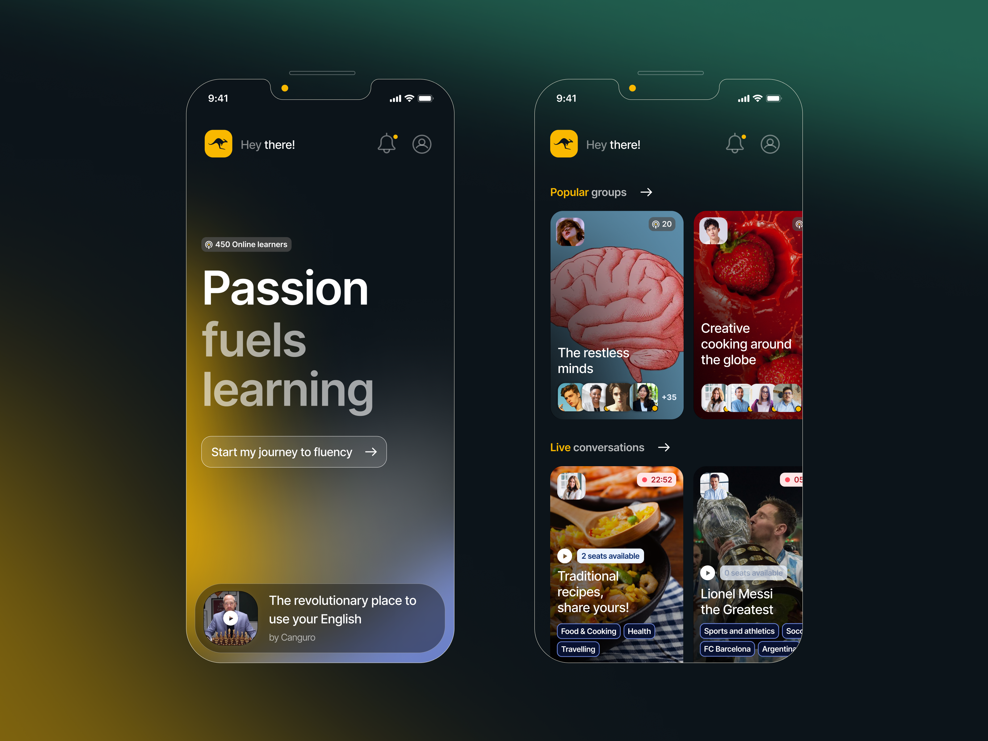 Canguro English – MLP conversations design design system english learning glassmorphism groups interests mlp mvp splash screen uxui