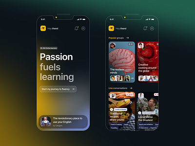 Canguro English – MLP conversations design design system english learning glassmorphism groups interests mlp mvp splash screen uxui