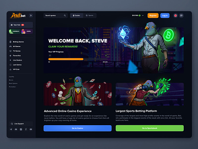 DOVE bet: Home page betting blackjack casino dashboard gambling game game interface graphic design illustration jackpot poker product design roulette slots sport ui uiux web design wheel of fortune win