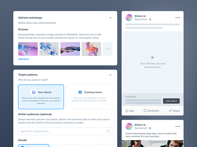 Shown AI • Create a new ad campaign flow builder campaigns cards cms components data design system editor flow list modals onboarding popover popup preview product design saas settings steps ui kit