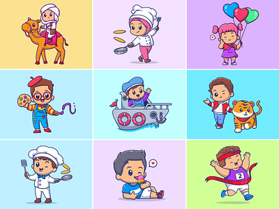 Cute People Activity🧑🏻‍🎨🧑🏻‍🍳🎈 activity animals art balloon boy camel character children cute food game girl hobby icon illustration kids logo profession running work