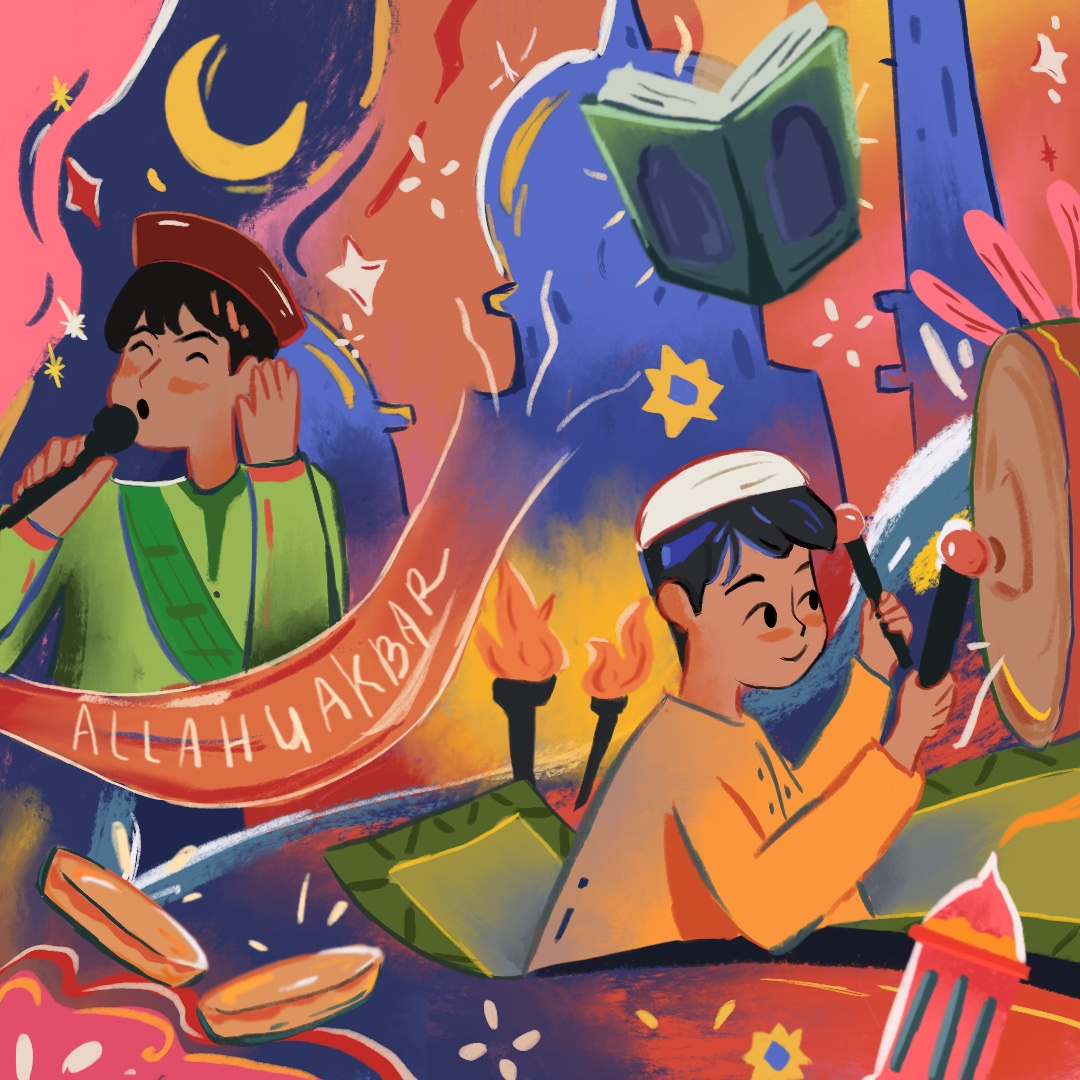 The Color of Ramadhan - Takbiran Illustration children illustration colorful eid mubarak graphic design illustration muslim poster procreate ramadhan takbiran
