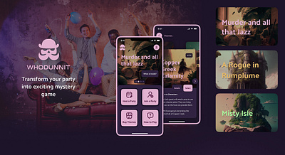 Whodunnit - mystery party game mobile app (case study) ai app application case study dark design figma game interface mobile party product purple style ui ux visual