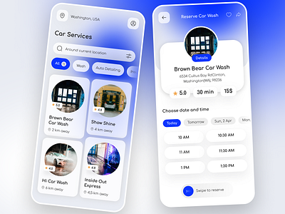 Car services app app application booking app car wash card catalog chips design mobile profile reservation schedule search ui ux