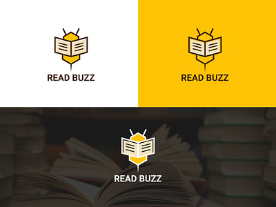 Readbuzz logo. Read fly logo with book and bee beehive book bumblebee buzz education flower hive honeybee honeycomb imagination knowledge learning library literature nectar pages pollinator queen bee reader text