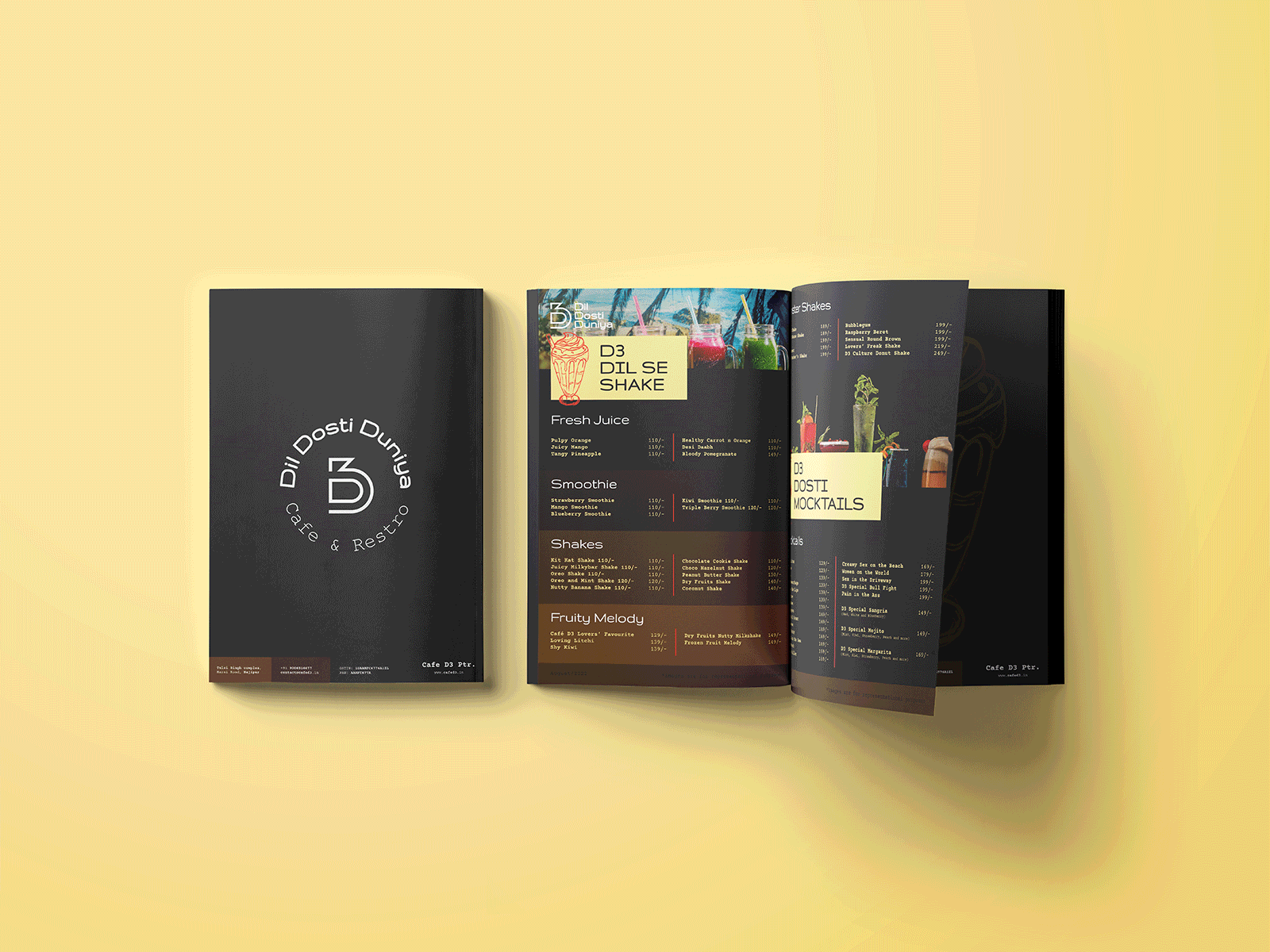 D3 Cafe & Restro brand menu design.... black brand design brand identity branding cafe branding colourful design graphic design identity identity design logo logo design menu menu design print print design restro branding retro visual identity