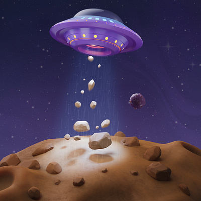 UFO is stealing stones. 3d illustration. 3d blender c4d casino casual design illustration render rendering space stones ufo