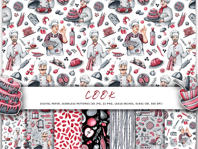 Cook, kitchen, digital paper, seamless patterns