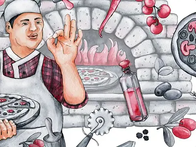 Pizzeria chef, pizza food, watercolor set man