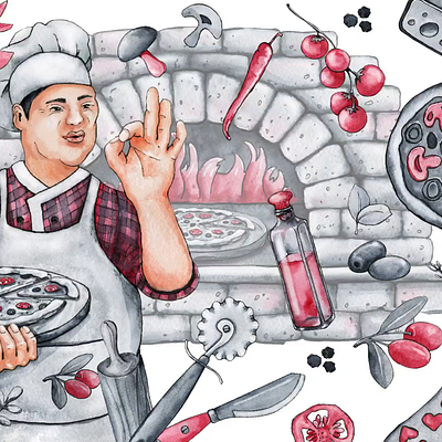 Pizzeria chef, pizza food, watercolor set man