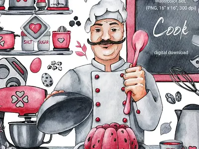 Male chef, sweet food, kitchen, watercolor clipart drinks