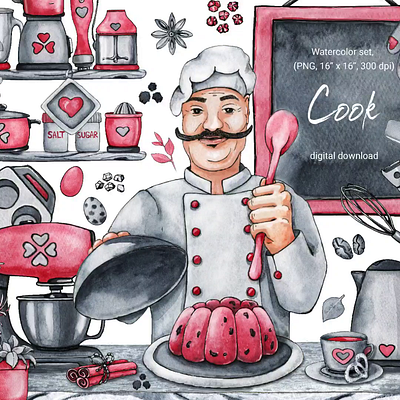 Male chef, sweet food, kitchen, watercolor clipart drinks