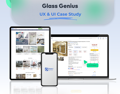 Glass Genius | UX & UI Case Study branding case study desktop ui glass marketplace glass products landing page minimal ui mobile app mockups modern ui design storyboard ui user flow ux wireframes