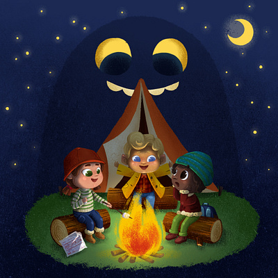 stories on the campsite art boy campsite character children drawing forest girl illustration kids monster moon