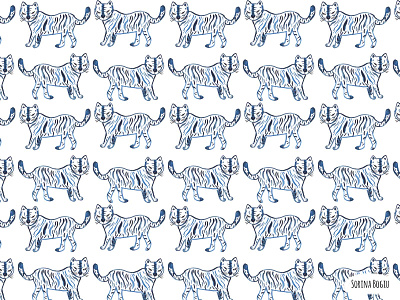 Blue Tiger Pattern blue cute design hand painted illustration illustrator paint pattern photoshop surface pattern design tiger tiger pattern watercolour